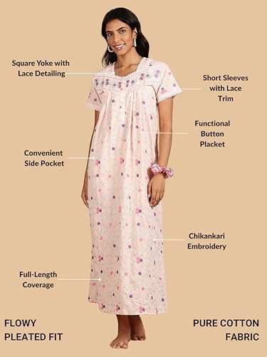 Image of 9shines Label Stylish Chikankari Cotton Nighty Maxi for Women | Full Length Nightgown | Nightdress with Pocket | Embroidery Nighty | Soft Comfortable Cotton Nightwear (1545)