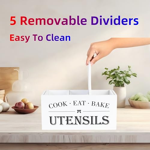 Utensil Holder,Large Wooden Utensil Holder For Kitchen Counter,Cooking Spatula Organizer,Big Storage Caddy With 3 Compartments Flatware Spoon Tool Cutlery(White)
