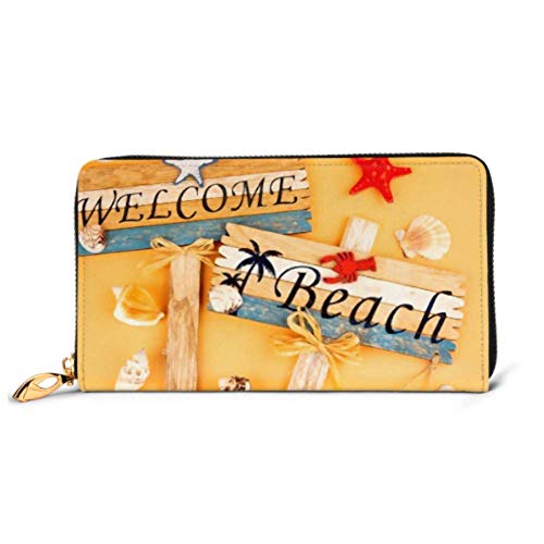 Preisvergleich Produktbild JHGFG Mode Handtasche Reißverschluss Brieftasche Holzschilder Willkommen Strand Seestern Muscheln Telefon Kupplung Geldbörse Abendkupplung Blockieren Leder Brieftasche Multi Card Orgel