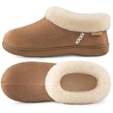 EverFoams Women's Microsuede Memory Foam Slippers with Fluffy Faux Fur Collar and Indoor Non-Slip Rubber Sole (Tan, Size 7-8 M US)