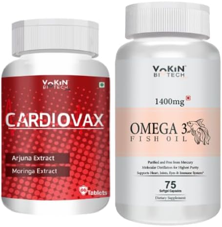 Vokin Biotech Natural Cardiovax with Arjuna Extract & Moringa Extract (CardioVax 60 Tablet + Omega 3 Fish Oil ,Pack Of 75 softgel capsule)