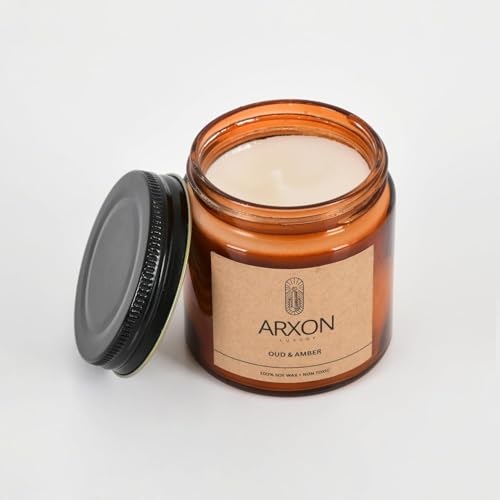 Image of Arxon Aromatherapy Soy Wax Scented Candle | Sleep /Destress - Focus /Meditate - Relax /Calm - Refresh /Rejuvenate | 100g Each, 30Hrs Burn Time | Corporate Gifting Oud Amber Scent