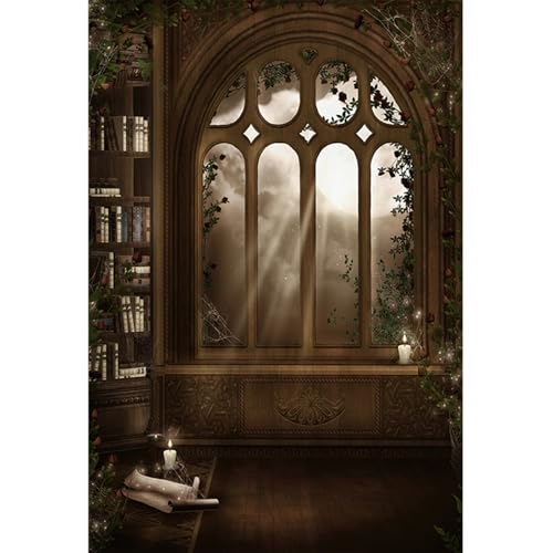 YongFoto 1,5x2,2m Vinilo Fondo de Fotografia Biblioteca Mágica Interior Vela Blanca Luna Llena Ventana Telón de Fondo Photo Booth Infantil Party Banner Niños Photo Studio Props