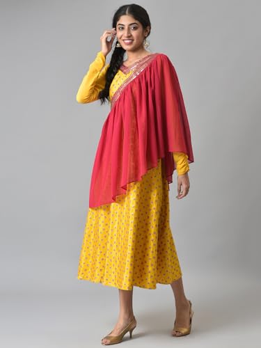 Image of Aurelia Yellow Zari Embroidered Dress with Pink Embroidered Dupatta