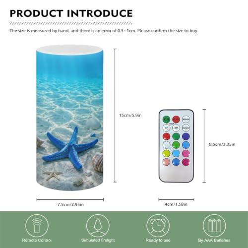 Image of Poceacles Flameless Candle Battery Powered with Remote Control 12 Colors 4 /8 Hours Timer LED Night Lights Pillar Candle Tealights Home Indoor Decor, Blue Starfish Seashell