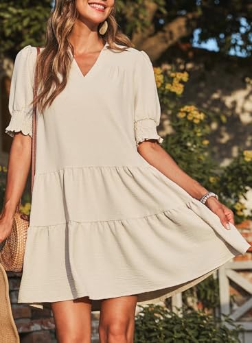 Image of Dokotoo Casual Dresses for Women Lapel Collared V Neck Mid Sleeved Pleated Summer Dresses for Women 2026 Midi Dresses