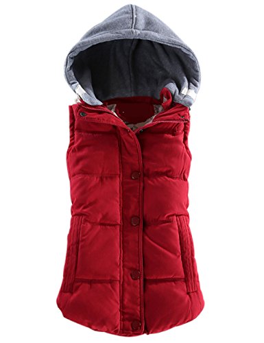 Yeokou Women's Slim Sleeveless Quilted Removable Hooded Winter Puffer Vest Coat Red