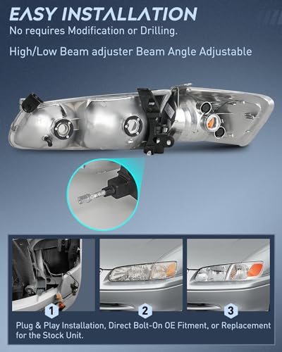 Image of Nilight Headlight Assembly Compatible with 2000 2001 Toyota Camry Replacement Headlamp Chrome Housing Amber Reflector Driver and Passenger Side