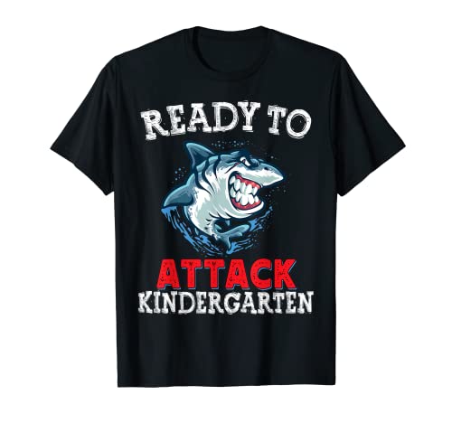 Listo para atacar jardín de infantes Niños divertidos Tiburón de regreso a la escuela Camiseta