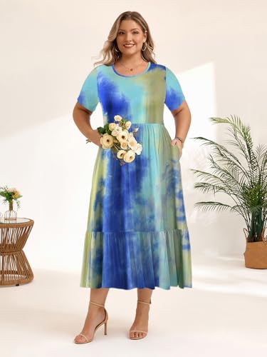 Image of LARACE Plus Size Dresses for Women Summer Casual Short Sleeve Long Dress Flowy Maxi Beach Dresses with Pockets L-6XL