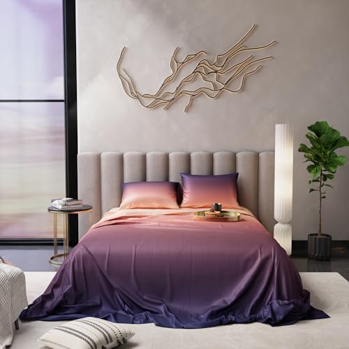 Image of Stoa Paris Satin Bedsheets for Super King Size Bed with 2 Pillow Covers, 300 TC Ultrasatin Solid Premium Bedding Set, Wedding, Home Furnishing, Skies of Paris Collection - Peach Twilight