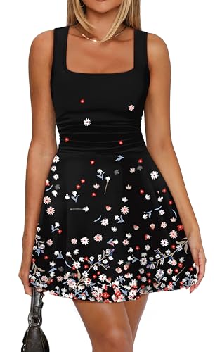 OFEEFAN Womens Sun Dresses 2026 Square Neck Dress Summer Casual Floral Dresses for Women Ruched Waist Short Mini Dress L