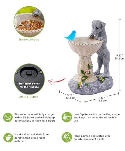 Goodeco Solar-Hundestatue mit Vogeltränke, wasserdichte Harz-Skulptur mit Solar-Vogellichtern, Garten-Hunde-Geschenke für Frauen/Mutter/Oma, Dekoration – Grau