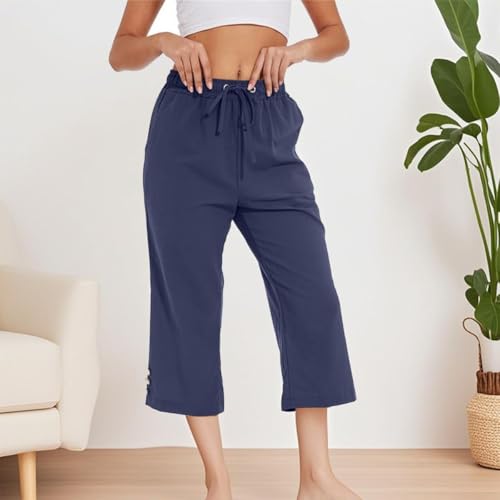 Womens Summer Casual Capri Pants Loose Wide Leg Pant Drawstring Elastic High Waist Trousers with Pockets2