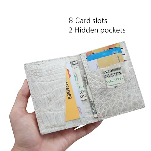 HATA Handmade Alligator Belly Wallet Men Hornback Crocodile Credit Card Premium RFID Blocking Flip ID Wallet Made by Vietnamese Craftman, Card Holder - White - Croc Belly, 4" x 3", Classic4