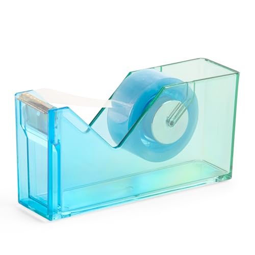 Miquelrius - Dispensador de cinta adhesiva 126 x 62 x 36 mm, Porta celo para oficina, escuela, manualidades y washi tape, Poliestireno y metal, Porta cintas degradado Azul/Verde