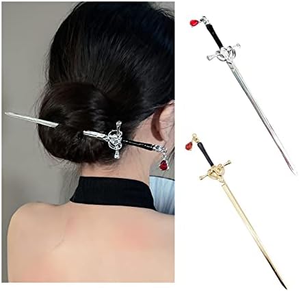 2 Pcs Ancient Style Sword Hair Chopsticks Sword Hair Sticks Chinese Style Hair Pin Metal Enamel Hanfu Hair Fork Tassel Red Gem Hair Accessories for Women