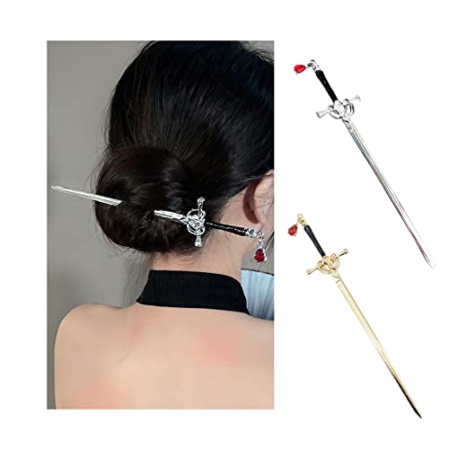 2 Pcs Ancient Style Sword Hair Chopsticks Sword Hair Sticks Chinese Style Hair Pin Metal Enamel Hanfu Hair Fork Tassel Red Gem Hair Accessories For Women #TOP10