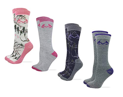Realtree Womens Full Cushion Merino Wool Camo Pattern Crew Socks 4 Pair Pack (Pink/Purple Camo and Grey, Women's Shoe Size 6-9 - Sock Size Medium)