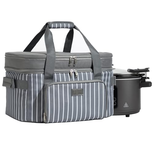Fun Elements Double Layer Slow Cooker Carrier Bag for 6 8 Quart Oval CrockPot Insulated Crock Pot Travel Bag with Support Pad and Adjustable Straps Top Zip Compartment and Front Pocket for Utensils