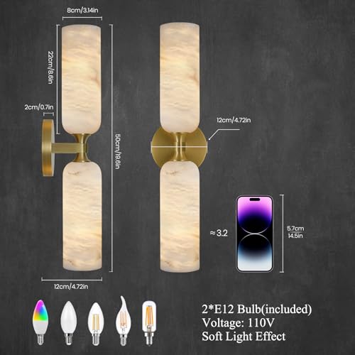 Image of 20in Alabaster Wall Sconces Set of Two, Modern Spanish Natural Marble Bathroom Vanity Sconces, Brass Alabaster Sconce Wall Lighting, Gold Wall Light Fixtures Decor for Bedroom Living Room Staircases