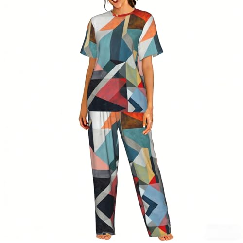 Pyjama doux imprimé géométrique abstrait ensemble femme nuit