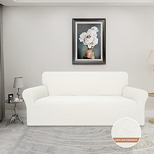 Image of Easy-Going 100% Waterproof Couch Cover, 3 Cushion Couch Slipcover for Sofa | Leakproof Sofa Cover, Stretch Jacquard Furniture Protector Against Stain Spill from Kids, Pets, Dog (Sofa, Cream)