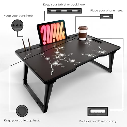 Image of Foldable Wooden Mini Laptop Table for Bed, Study Table with Drawer, Tablet /Mobile Holder for Kids & Adults (COTTED Flowers)