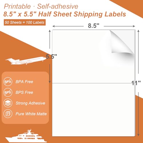 Image of Half Sheet 8.5x5.5inch Shipping Mailing Label 100 Counts, 2 Labels Per Sheet 8.5 x 11 for Laser & Inkjet Printer, Permanent Adhesive Label Square Corner (50 Sheets)