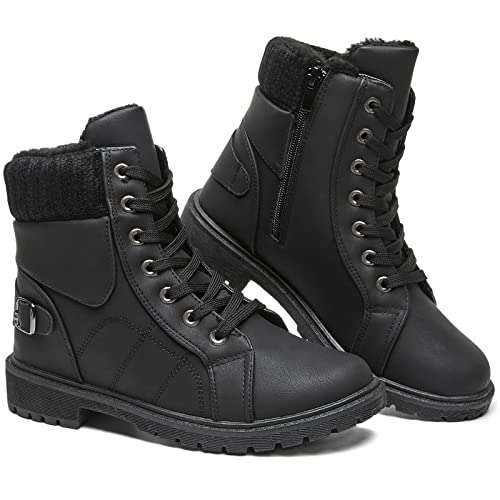 SERNIAL Womens Winter Snow Boots Fur Lined Ankle Boots White Black Side Zipper Booties