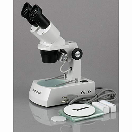 AmScope SE306R-AX Forward-Mounted Binocular Stereo Microscope, WF5x and WF10x Eyepieces, 10X/20X/40X Magnification, 2X and 4X Objectives, Upper and Lower Halogen Lighting, Reversible Black/White Stage Plate, Arm Stand, 120V