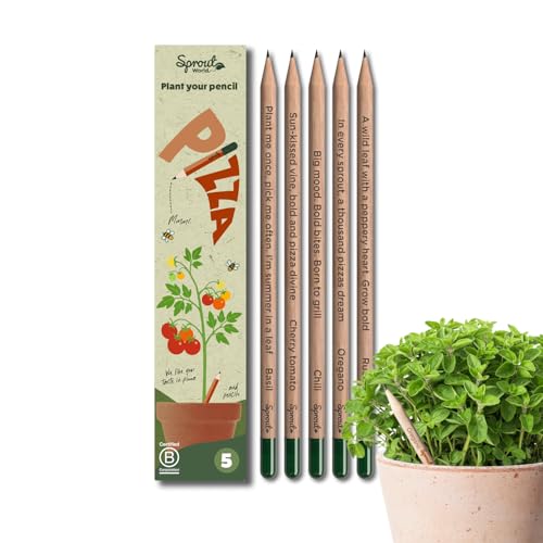 SproutWorld Lápices | Pizza Edition | Lápices plantables con semillas de hierbas y verduras (chile, albahaca, orégano, rúcula y tomate cherry) | Pack de 5 | Regalo sostenible para amantes de la pizza