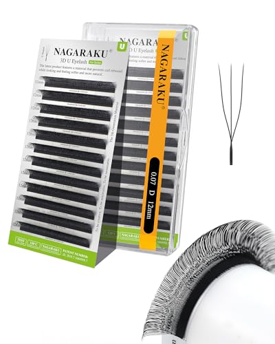 NAGARAKU 3D U Lash Extensions 0.07 D 12mm Premade Fans Matte Black