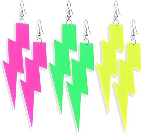 DAMLENG 3 Pairs Fashion Neon Fluorescent Retro Lightning Dangle Earrings 80s Costume Neon Drop Earrings for Women Girls