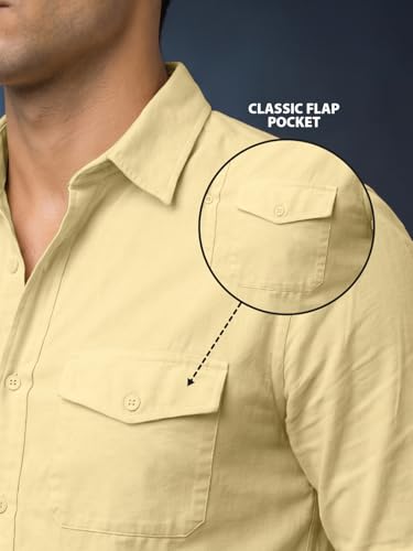 Image of Veirdo Men's Pure Cotton Utility Shirt | Full Sleeve Casual Button-Down with Dual Chest Pockets | Stylish & Comfortable Everyday Wear | Colors: Beige, Black, Maroon, Olive, Rust & White