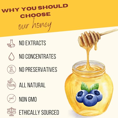 Blueberry Infused Raw Honey - All Natural Blueberry Honey - No Extract or Concentrates, Non-artificial, No Preservatives - 8 oz Squeeze Bottle