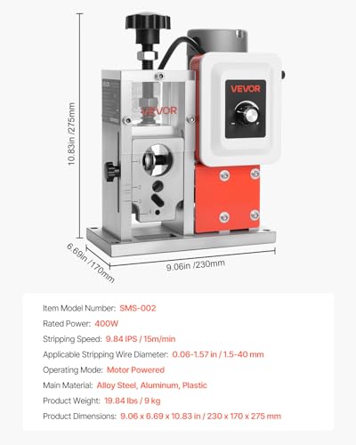 Image of VEVOR Electric Wire Stripping Machine, 0.06-1.57 in, 400W Automatic Motorized Cable Stripper, 9.84 IPS (15 m /min) Wire Peeler with Blades, V-Shaped Rollers, Cooling Fan, for Scrap Copper Recycling