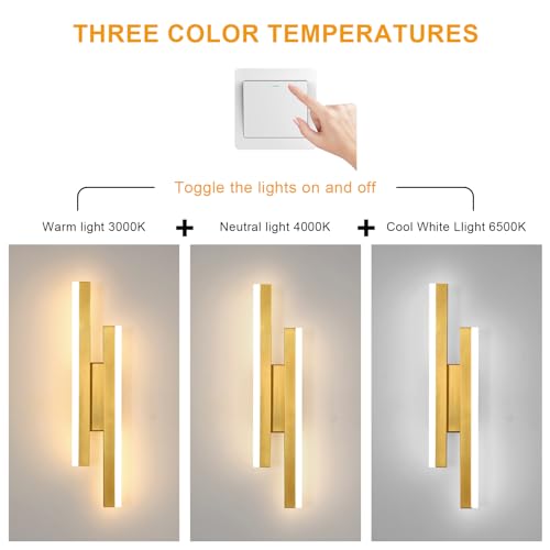 Comely Applique da Parete Interno Moderna, 3 Temperature Colore 16W Lampada da Parete, Oro Lampada a Muro per Camera da Letto Soggiorno Corridoio Ufficio Scala, 3000K/4500K/6500K