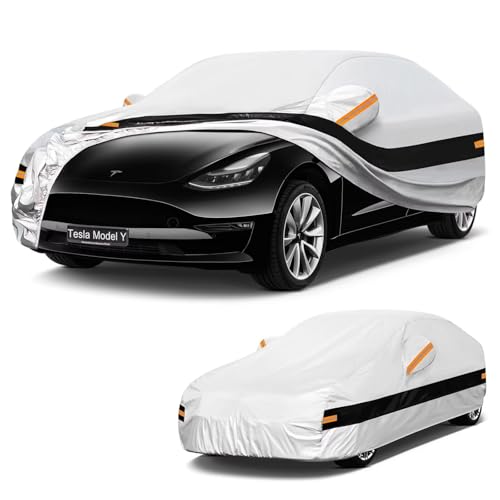 Image of 10 Layers Car Cover with Charger Port Custom Fit for Tesla Model Y (2020-2026), Waterproof All Weather for Automobiles, Outdoor Full Cover Sun Dust Rain Protection with Cotton. Silver