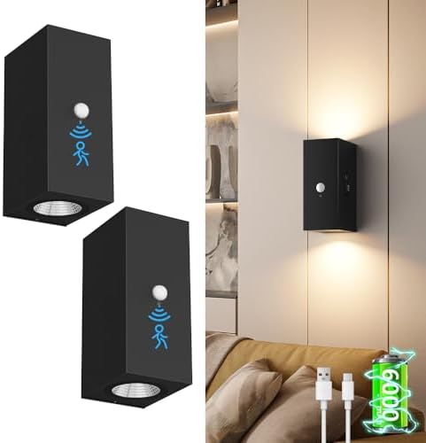 Aipsun Black Battery Operated Wall Sconces 2 Packs with Motion Sensor ...