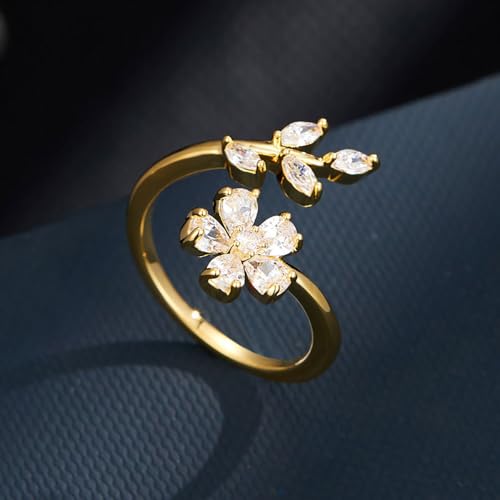 Kokoma Delicate Flower Leaf Wrap Finger Ring for Women Pink Cubic Zirconia Crystal Floral Statement Ring Promise Engagement Rings Adjustable Open Band4