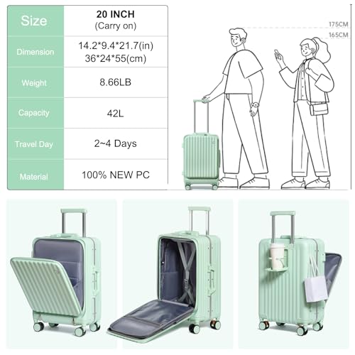 Somago Carry on Luggage Front Open 22x14x9 Airline Approved Lightweight Suitcase with Cup Holder and USB Port Aluminum Frame Polycarbonate Spinner Hard Suitcase with TSA Lock (Lime)2