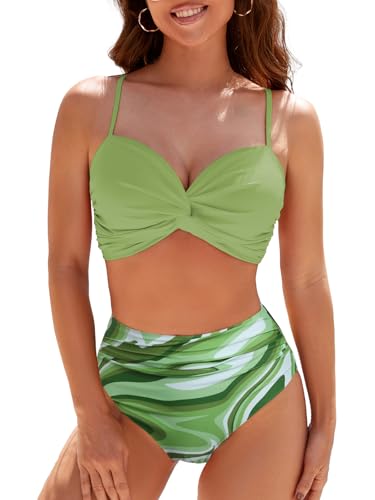 Adigaber Donna Costume da Bagno Due Pezzi Fronte di Torsione Vita Alta Push Up Plus Size Costumi da Bagno