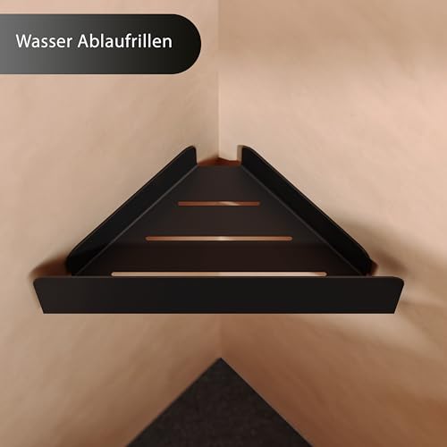 Dolvhin Duschablage ohne Bohren Ecke | Edelstahl Eckregal Dusche | Duschregal Ecke mit Ablaufrillen | Eck-Duschkorb zum Kleben | Badregal Selbstklebend | Bad Wandregal & 2 Haken | Schwarz Matt
