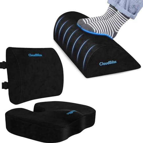 Image of CloudBliss Seat Cushion & Lumbar Support, & Foot Rest Set, Coccyx Cushion for Tailbone,Sciatica & Back Pain Relief -Black