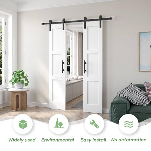 Image of Fredbeck Double 18x84 inch White Barn Door with 6.6FT Barn Door Hardware Kit Included,with MDF and Wood,DIY Assembly,3-Panel,36inch barn Door,Fit 33in-35in Opening