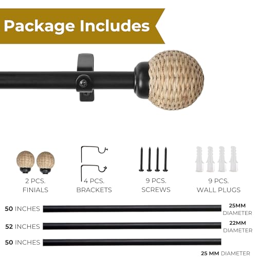 Image of The Decor Mart 52 inch to 144 inch Extendable Curtain Rod |1 inch Curtain Rods for Door & Windows Adjustable Iron Telescopic Drapery Bar with Ball Weave Finials | Black