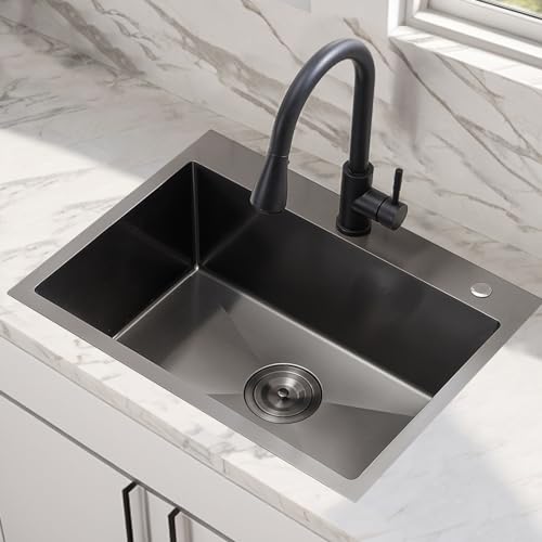 HOTIS 24 X 18 Inch Black Drop In Kitchen Sink, Black Stainless Steel Kitchen Sink, Large Residential Sink with 2 Holes, Single Bowl Topmount Workstation Sink with Dish Grid & Drain by HOTIS HOME - Used condition - Image 2