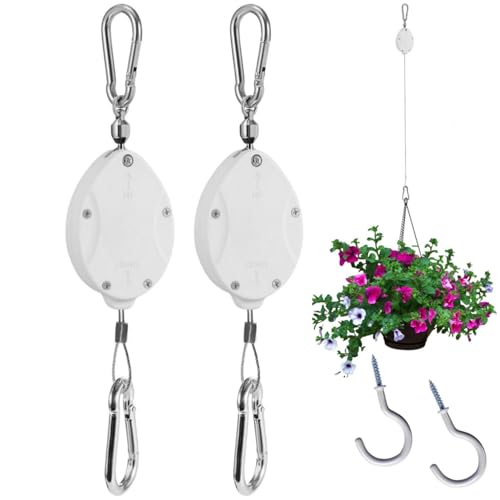 WY-BSO 2024 upgrated Adjustable Heavy Duty Plant Pulleys for Garden Baskets & Bird Feeder,2 PCS Plant Pulley Hangers with 2 PCS White Metal Ceiling Plant Hooks (White-2 pcs with Swivel Connector)