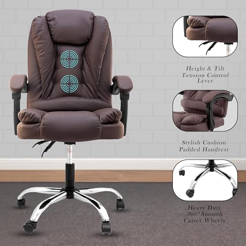 Image of Casa Copenhagen Italia Premium Leatherette Office Chair for Work | Boss Chair, Ergonomic Executive, Luxurious Cushioned Arms & Seat, 2 Point Back Massager, Heavy Duty Metal Base (Brown)